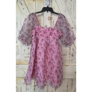 Endless Rose Floral Puff Pink Barbie Baby Doll Mini Dress Balloon Sleeves Size S